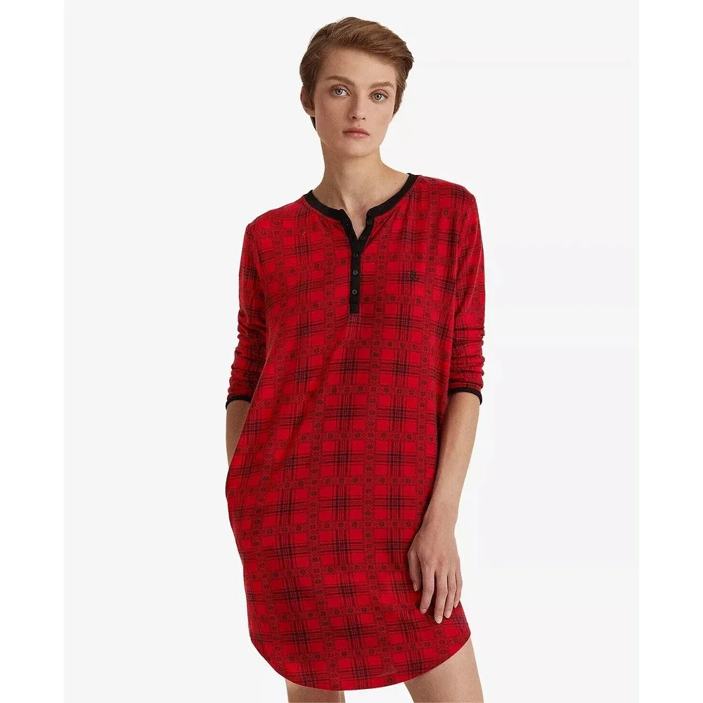 LAUREN RALPH LAUREN Women's Printed Henley Sleepshirt Red‎ black Size XL